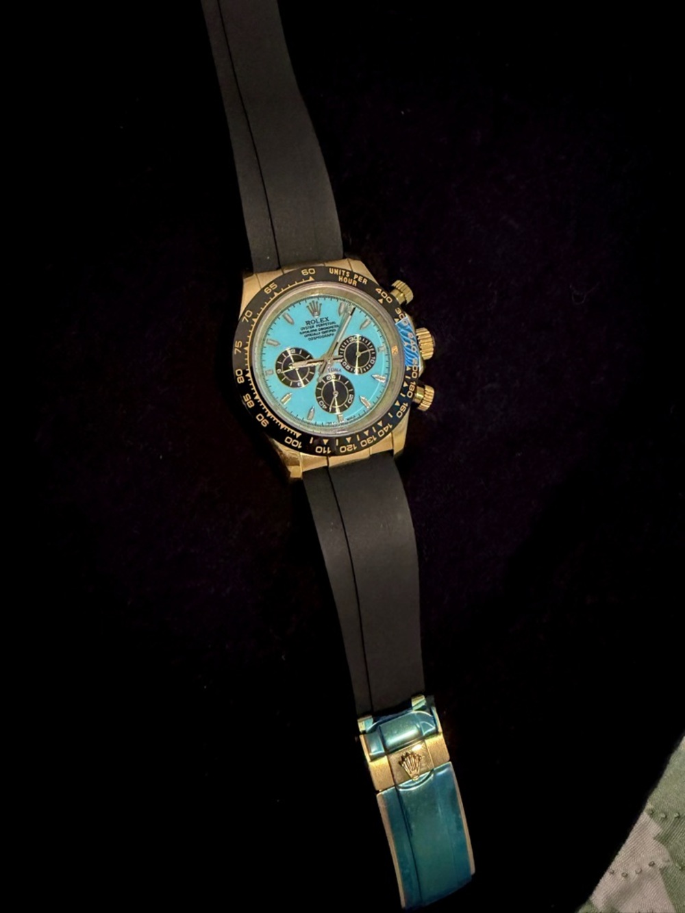 Gold Case Turquoise Dial Chronograph Watch with Black Strap